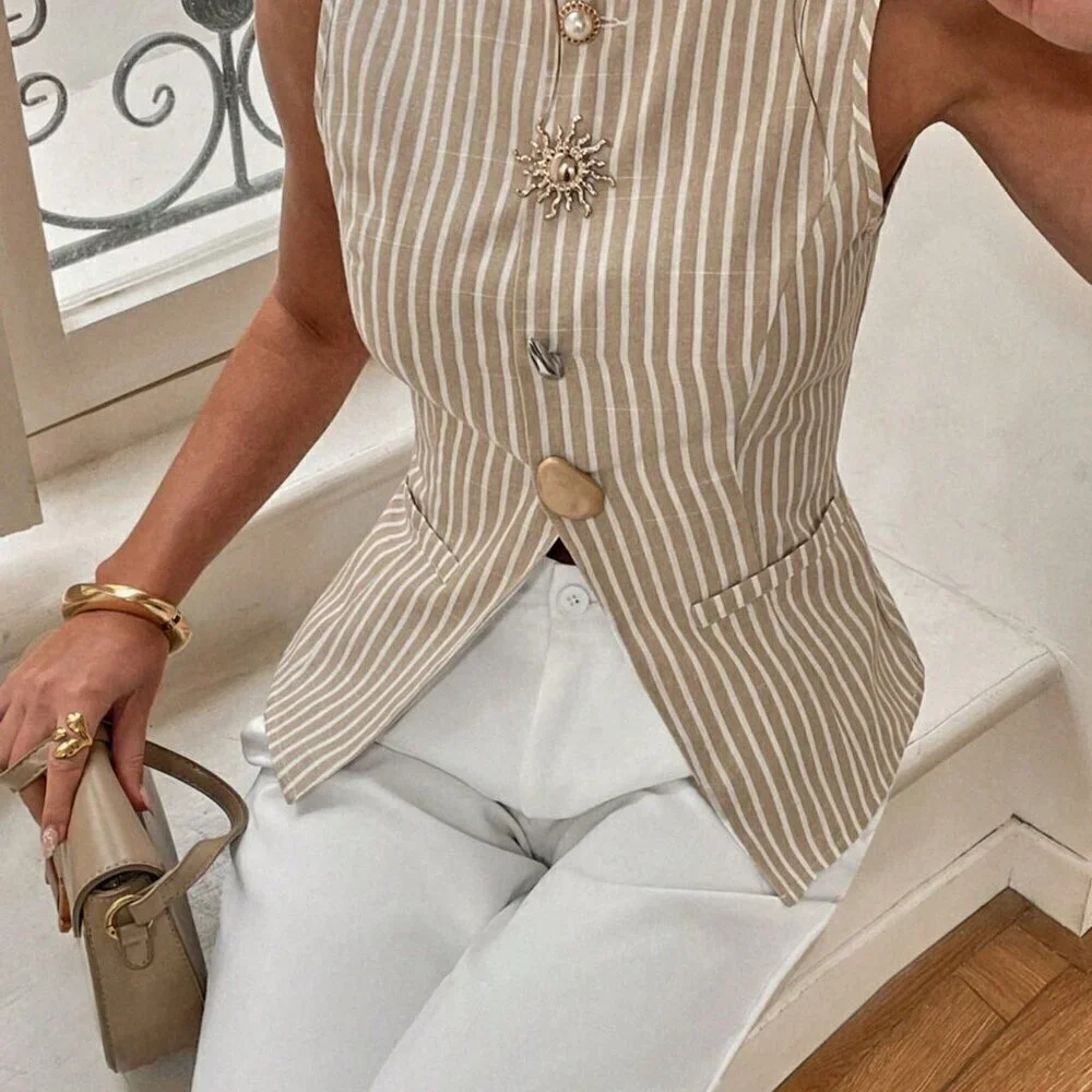Multicolor Casual Women's Striped Front Button Tank Top